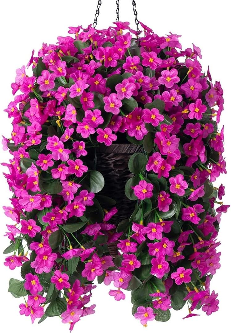 Artificial Fake Hanging Flowers Plants Baskets for Outdoor Spring Decoration, Faux Silk Fuchsia Trailing Orchid UV Resistant for Home Outside Porch Garden Yard Patio Decor
