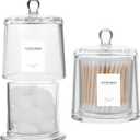 rejomiik 2 Pack Qtip Holder Thick Glass Apothecary Jars with Lid for Bathroom Accessories Vanity Organizers and Makeup Storage for Cotton Ball, Swabs, Makeup Sponges, Candy, Jewelry, Clear (White)