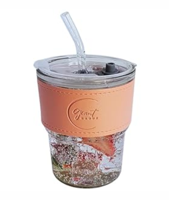 13oz Avocado Green Iced Coffee Cup with Plastic Lid, Vegan Leather Sleeve, Glass Tumbler with Straw and Lid, Matcha Cup, Hot and Cold Drink, Espresso Mug, (1 Count)