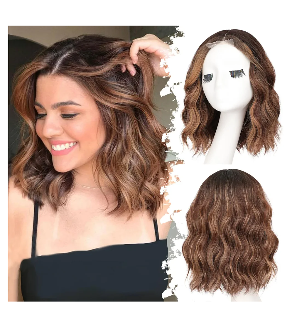 Brown Highlight Short Wavy Wig for Women Lace Hairline Bob Style Synthetic Heat Resistant - Natural Appearance for Everyday Hairstyle 14 Inch