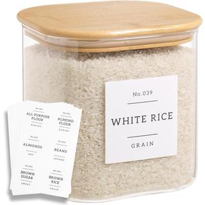 HHMJSM Large Glass Flour and Sugar Containers with 42 Kitchen Pantry Labels - 85 Oz Glass Food Storage Containers with Airtight Lids - Square Glass Jars with Bamboo Lids for Rice, Pasta, Cookies