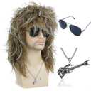 morvally Men's Women 80s Rocker Mullet Wig with Glasses and Necklace Long Blonde Curly Glam Rock-Rockstar Wig Perfect for Halloween, Cosplay, DIY Themed Costume Party