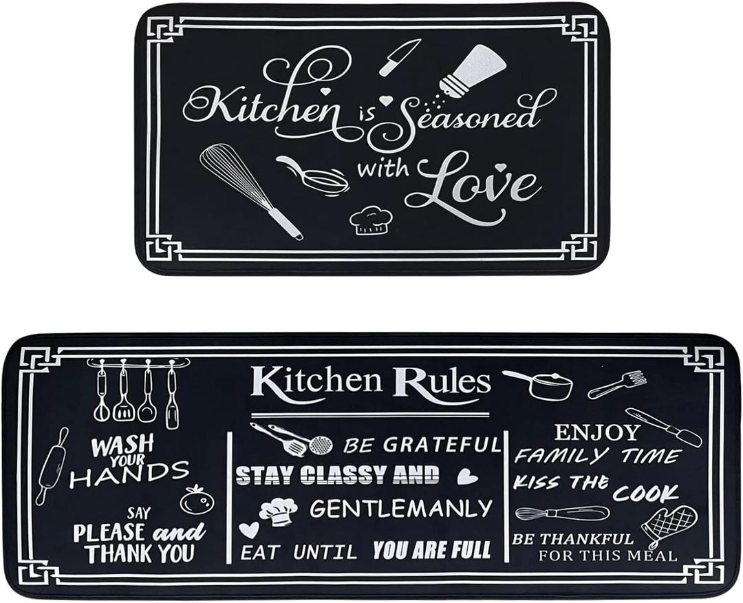 Voanos Black and White Kitchen Rugs,Non Skid Washable Microfiber mats for Kitchen Floor,Kitchen Rules Theme Cushioned Runner Rug Decor Sets of 2,Size 17"x 47"+17"x 30"