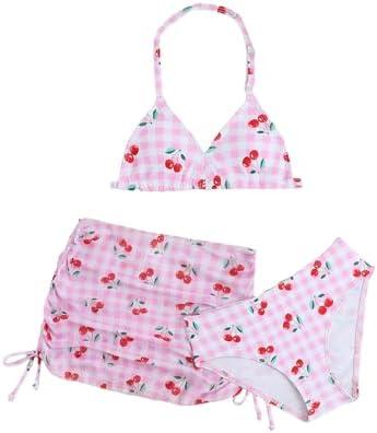 COOLOYA Girl's 3 Piece Swimwear Set Halter Cute Print Bikini Bathing Swim Suits with Beach Skirt Coverup, 140