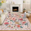 DUKINO 5x7 Area Rug, Floral Rugs for Living Room, Lightweight Non Slip Washable Rug, Indoor Low Pile & Non-Shedding Boho Design Rugs for Bedroom, Living Room, Dining Room, Beige
