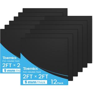 Ceiling Tile, 12 Pack Drop Ceiling 2ft x 2ft PVC Panel Cover 5mm Waterproof Washable and Fire-Rated Drop Tile 48 Sq. Ft - Black