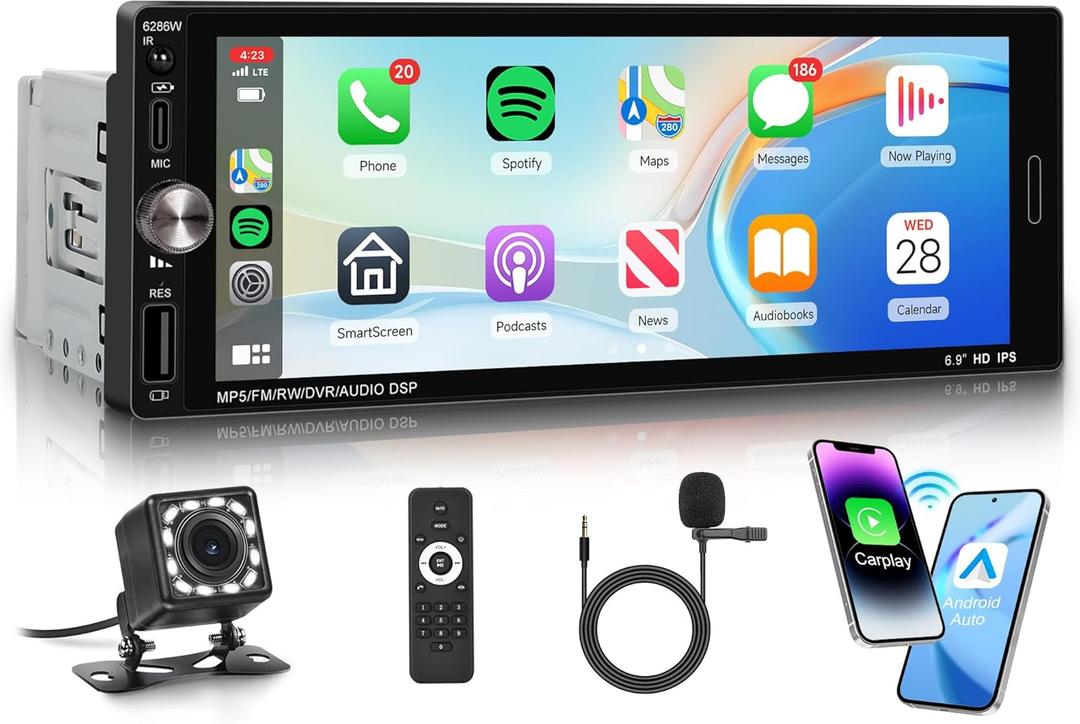 Single Din Car Stereo Wireless Carplay Android Auto, Car Stereo Receivers Bluetooth 5.2, 6.9" IPS Touchscreen Radio 1 Din, Backup Camera, Mirror Link, SWC, FM EQ USB Type-C