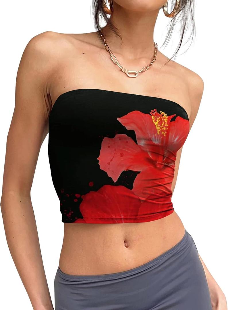 Trendy Queen Womens Tube Tops Strapless Crop Tops Basic Backless Sleeveless Bandeau Going Out Cute 2025 Summer Outfits (Large, Floralred)