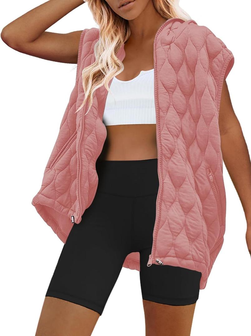 SENSERISE Womens Oversized Puffer Vest Sleeveless Quilted Jacket Zip Up Hooded Puffy Vest Winter Coats with Pockets (Medium, Pink)