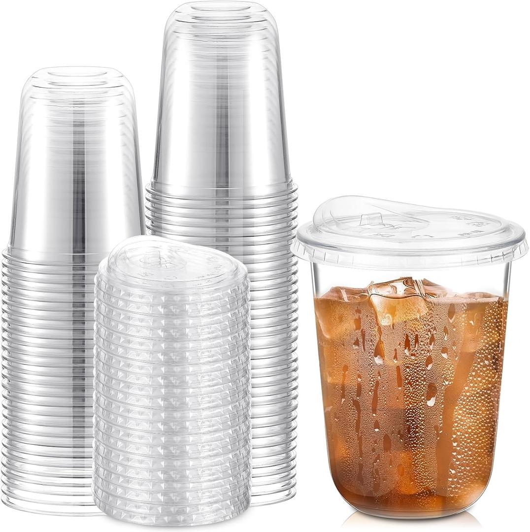 LemonRoad 50 Sets Plastic Cups with Strawless Sip Lids, Thickened Round Bottom PET Disposable Clear Cups for Iced Coffee Smoothie Cold Beverage Coffee Shops and Party Catering(Clear,16 oz) (EXP 08/13/26)