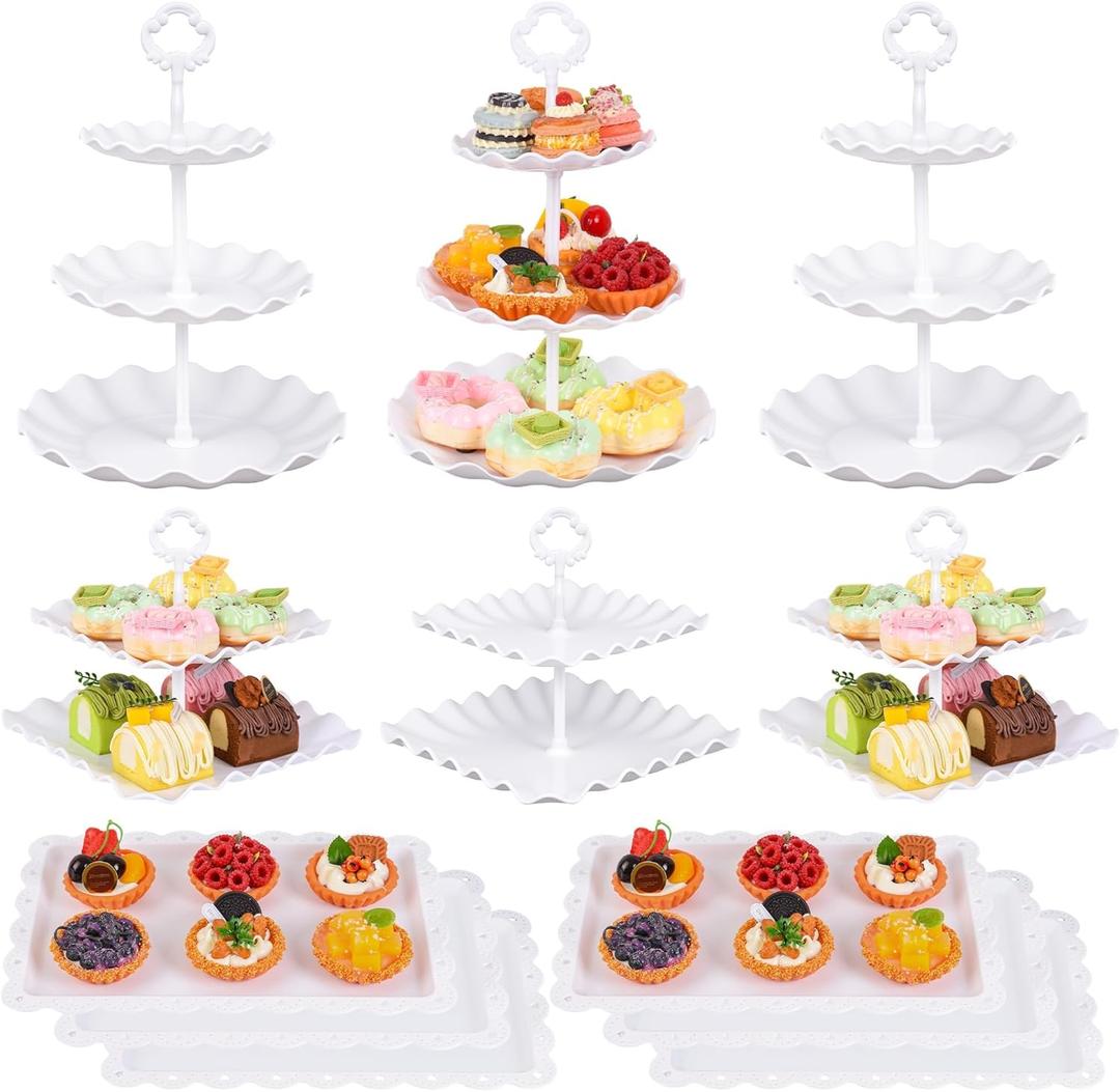 12-Pack Dessert Table Display Set, 6 Cupcake Stands and 6 Dessert Trays, Plastic Dessert Display Stands and Cake Stand, Treat Table Displays Set for Wedding, Baby Shower, Tea Party (White)