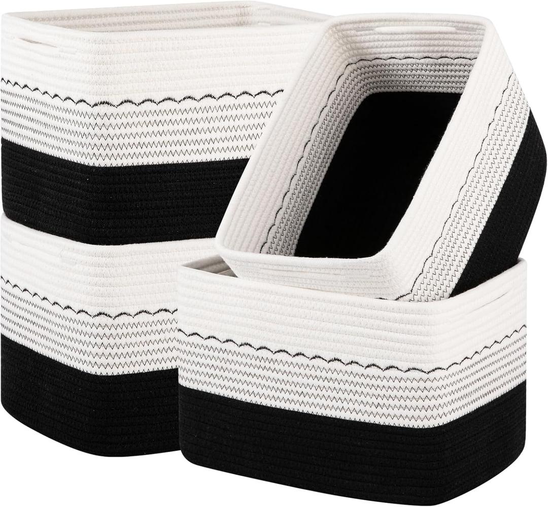 OIASKET 4 Pack Storage Baskets for Organizing, 13"X9"X7.87", Decorative Cotton Rope Baskets for Shelves, Small Woven Basket for Toys, Books and Towels, Black & White