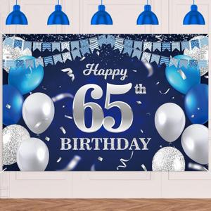 Happy 65th Birthday Banner Backdrop Navy Blue Balloons Confetti Stripe Flag Light Spots Cheers to 65 Years Old Theme Decorations Decor for Women Men 65th Birthday Party Bday Supplies Glitter Silver