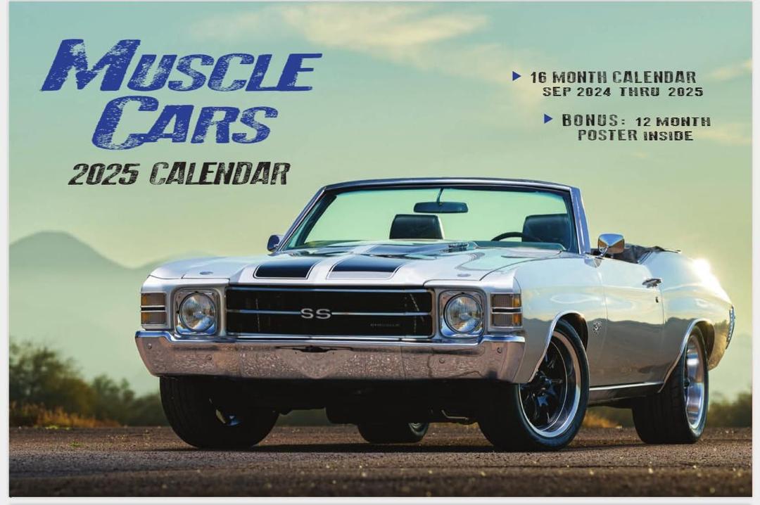 2025 Muscle Cars Deluxe Wall Calendar, 12 Months, with Free Poster, White/blue