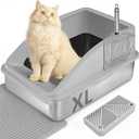Large Stainless Steel Cat Litter Box, Enclosed Litter Box for Multiple Cats, Spacious and Easy to Maintain, Sturdy Metal Construction with Upper Cover, Litter Pad, Shovel and Footboard (Silver Gray)