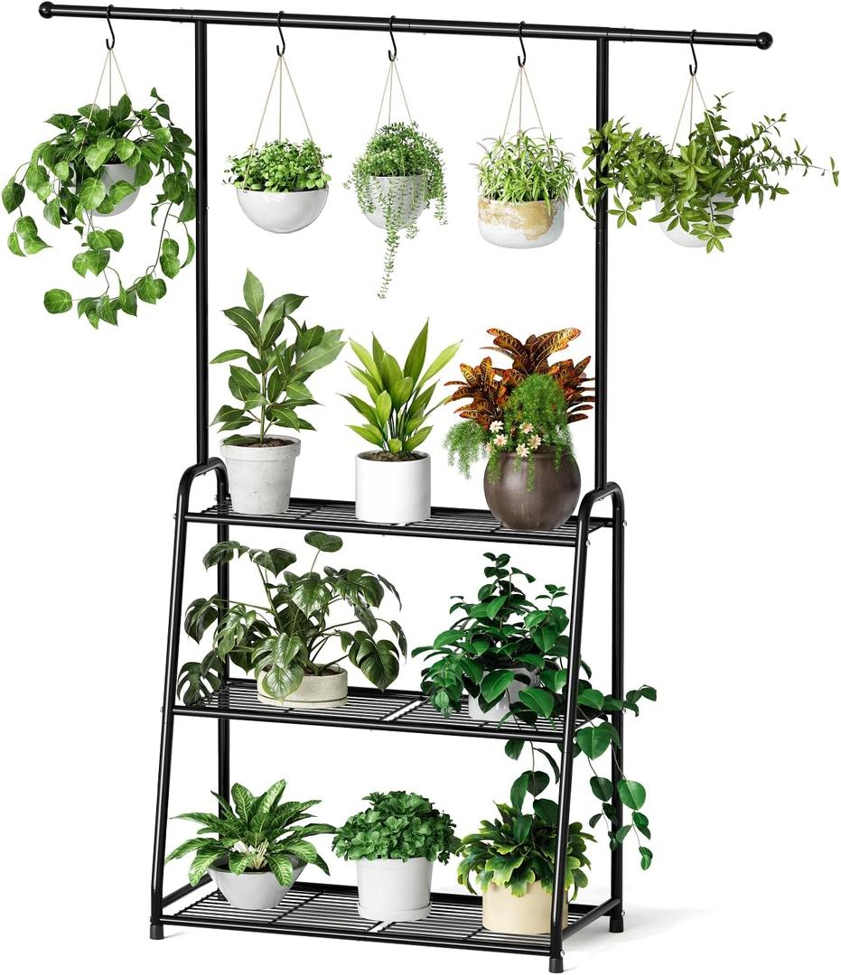 3-Tier Metal Plant Stand for Indoor and Outdoor Use, Hanging Plant Shelf for Multiple Flower Planter Holder, Tall Large Rack Ideal for Living Room, Garden, Balcony, Black