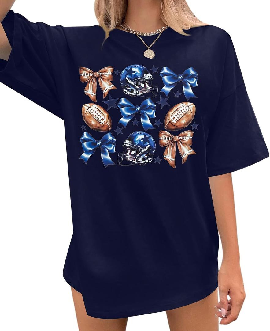 FASHGL Game Day T-Shirt Women Football Mom Shirts Oversize Funny Coquette Bow Tee Casual Sunday Funday Tops (Large, Dark Blue)