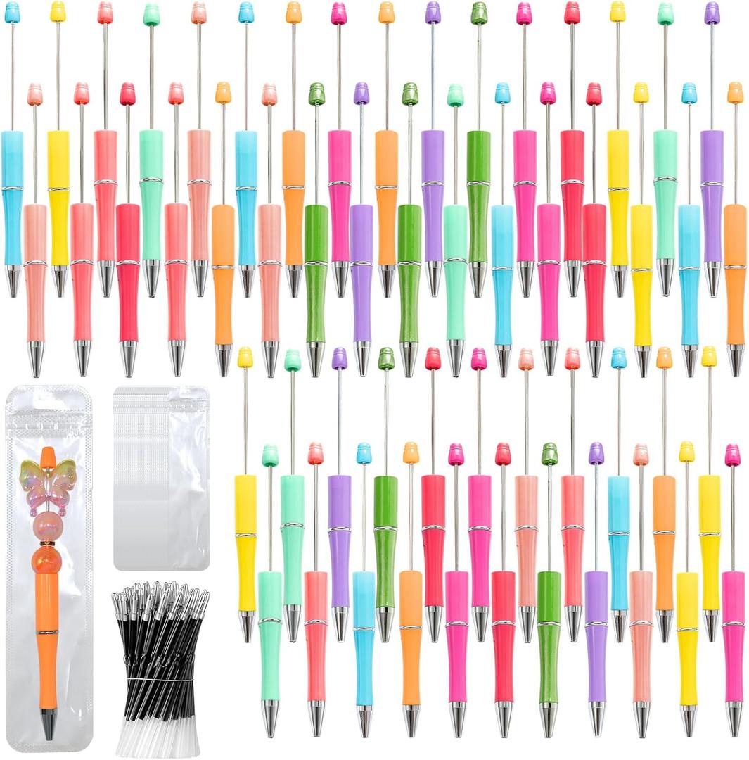 150 Pieces DIY Beadable Pens Kit - 50 plastic Beadable Pens Bulk, Refills & pen bags Included - Beaded Pens Black Ink Ballpoint Cute PensBright (Macaron)