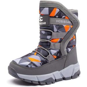 Boys Girls Snow Boots Outdoor Waterproof Winter Kids Shoes Grey/ Orange, 11 Little Kid
