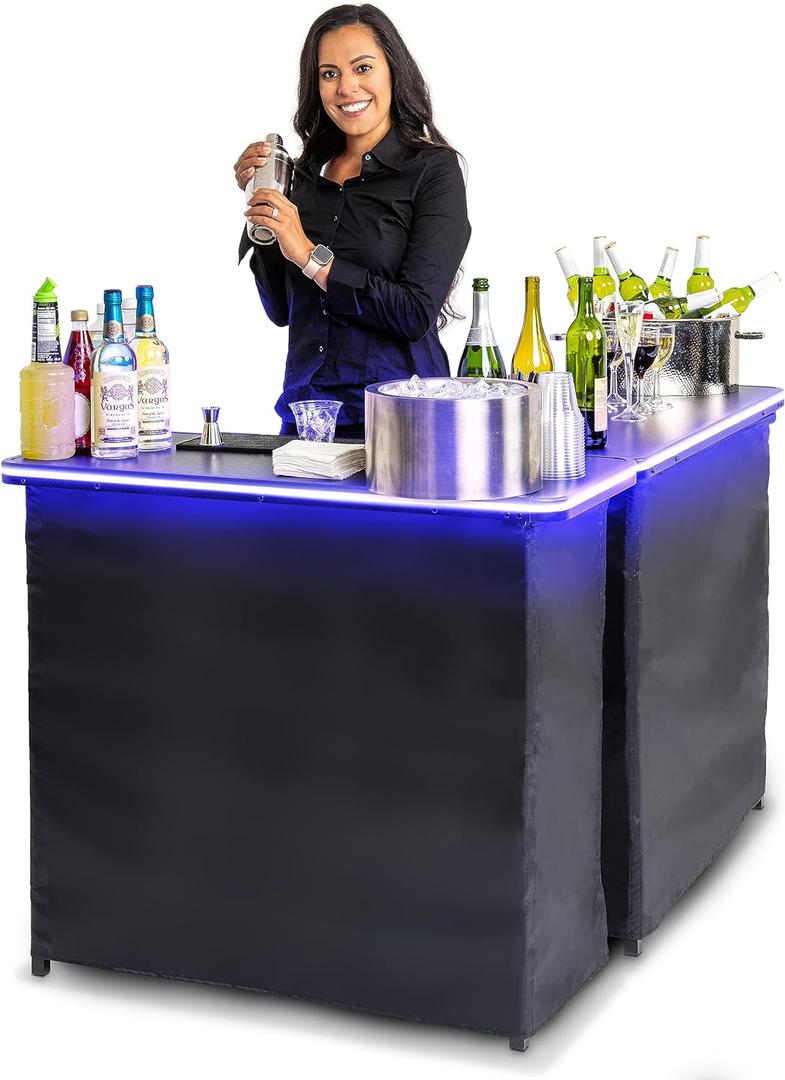 GoBar Portable Double Bar Table Set with Multi-Color LED Lights - Mobile Bartender Station for Events - Includes Carrying Case, 39 x 36 x 15 inches