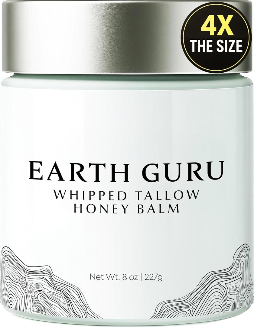 2 x Earth Guru XL 8 OZ Whipped Beef Tallow for Skin,100% Natural Beef Tallow and Honey Balm, Face Moisturizer & Body Lotion Cream, Grass-Fed & Finished, Sebo De Res Para La Cara, Organic Olive Oil, Manuka