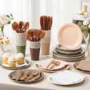 Zhehao 175 Pcs Woodland Party Supplies Set Green and Brown Disposable Tableware Kit with Plates, Cups, Napkins, Cutlery in Natural Earth Tones for Baby Shower, Birthday, Wedding Forest Events