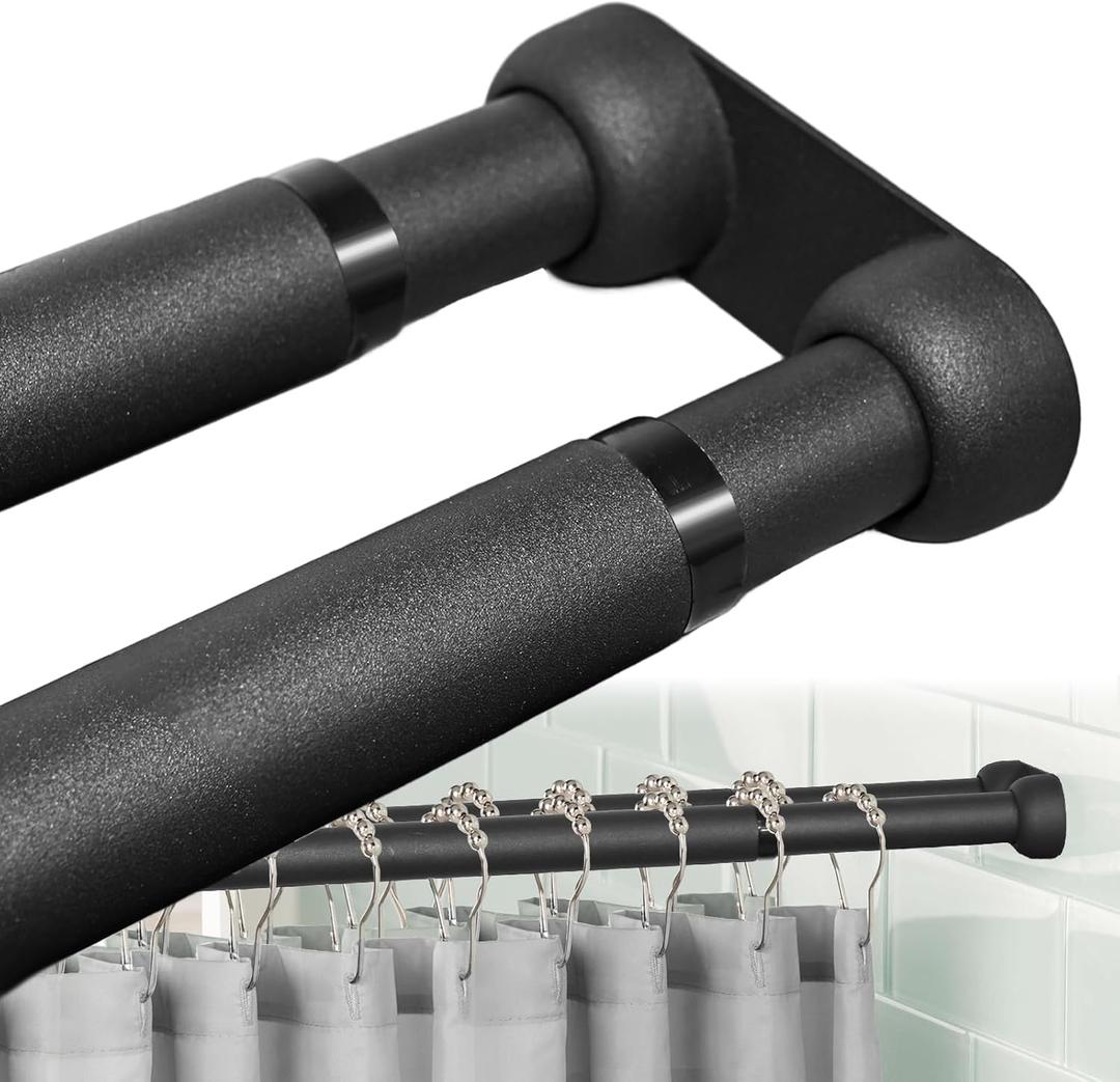 Double Shower Curtain Rod 27-47 Inches Wall Mounted Double Shower Curtain Rod Adjustable Curtain Rod for Bathroom Laundry Room Room Divider Kitchen, Black