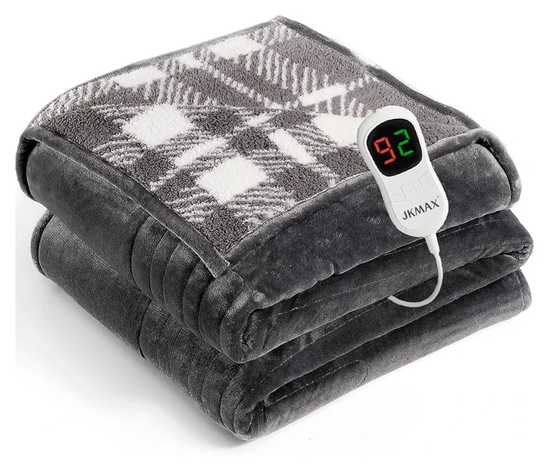 JKMAX Heated Electric Blanket Full Size - 72"x84" Flannel Heating Blanket with 10 Heating Levels & 5 Time Settings Over-Heat Protection, Winter Warmer for Adults with ETL Certification（Grey）