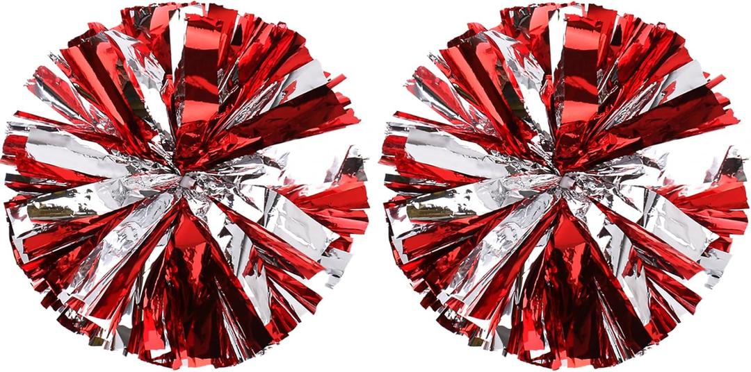 Red and Silver Cheerleading Pom Poms with Finger Rings, 2 Pack Metallic Cheer Accessories for Kids Dance Team, Round Spirit Pompons with Handle for Girls School Sports Performance