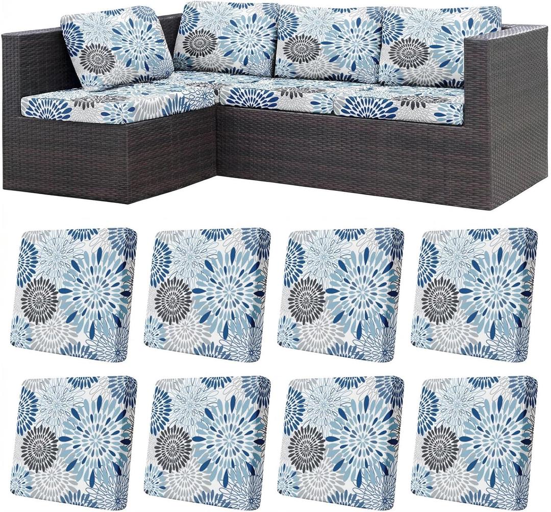 8 Pcs Blue Abstract Stretch Patio Cushion Covers Blue Floral Cushion Covers Outdoor Seat Couch Sofa Slipcovers Washable Replacement Couch Slipcovers Furniture Protector for Garden Porch