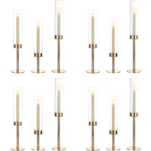 Gold Hurricane Candle Holders Set of 12, Tall Metal Windproof Glass Taper Candle Holder for Candelabra Centerpieces for Dining Table, Wedding, Party & Fireplace Mantel Decor