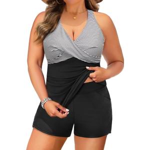 Plus Size Tankini Swimsuit for Women - Two Piece Tummy Control Bathing Suit Tankini Top with Two Pockets Shorts Black Striped 20 Plus
