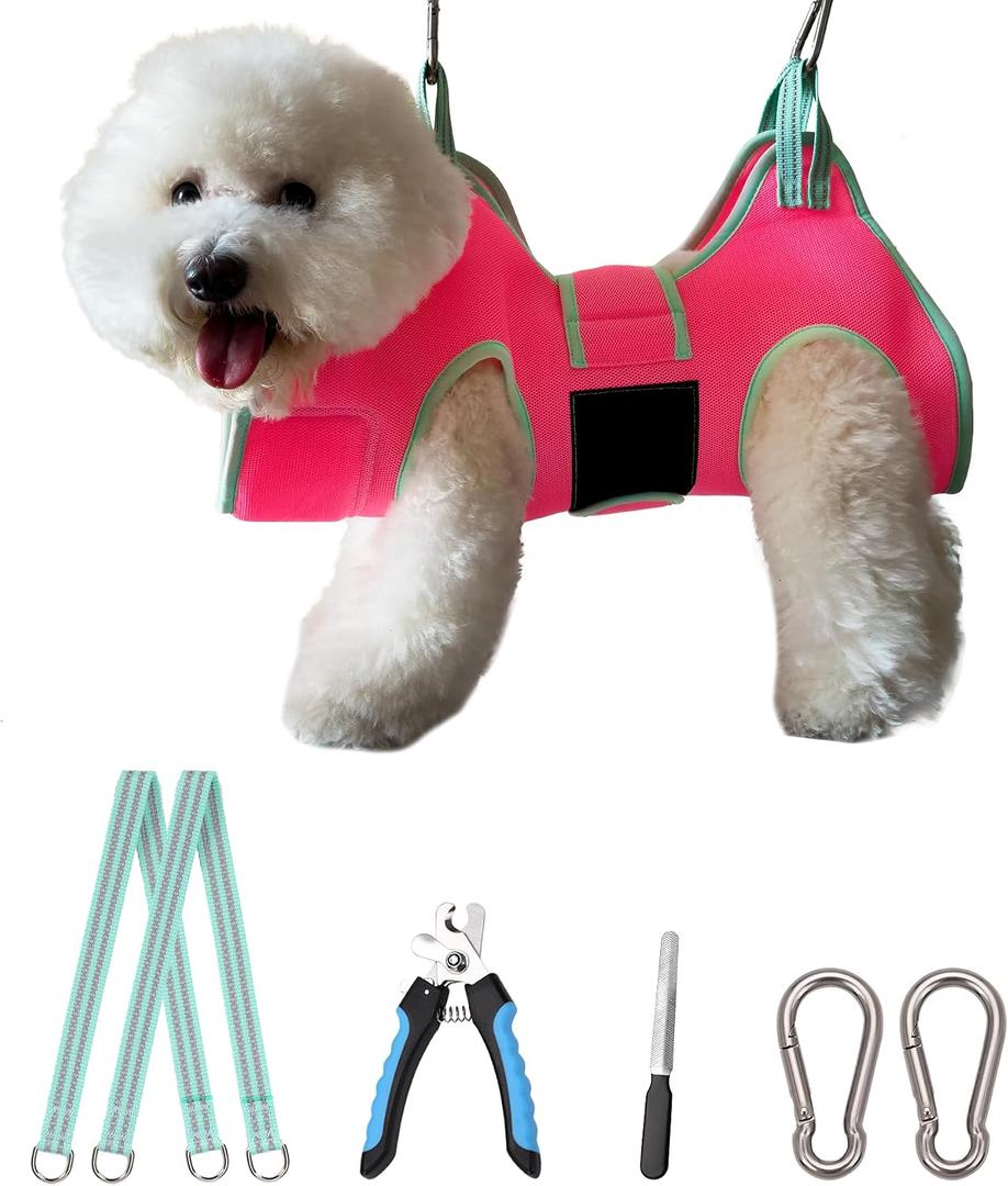 Kkiimatt Dog Grooming Hammock, Small Dog Hammock for Nail Trim, Hanging Harness for Claw Care,Grooming Sling Holder Hanger with Thick Fabric Neck Support Wide Strap Restraint Small 14-30LB/Pink
