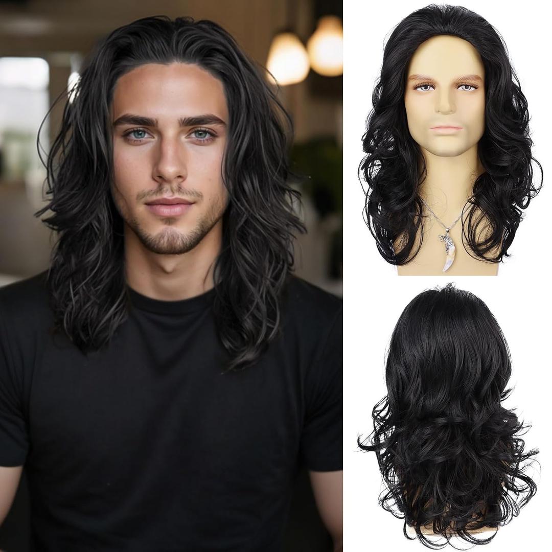Mens Black Wig Long Curly Wavy Hair Wigs Natural Look Brunette Heat Resistant Synthetic Retro Male Wig for Daily Party Costume Cospaly Halloween or FunBlack