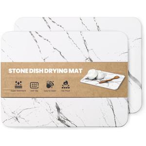 2 Pack Quick Dry Stone Drying Mat for Kitchen Counter, Water-Absorbent Diatomaceous Dish Drying Mats, Multi-Purpose Stone Drying Tray for Cups Dishes Bottles, White-Marble