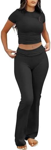 ANRABESS Lounge Sets for Women 2 Piece Foldover Yoga Flare Leggings Pants Crop Tops Casual Y2K Outfits Matching Tracksuit Set, XXL, Black