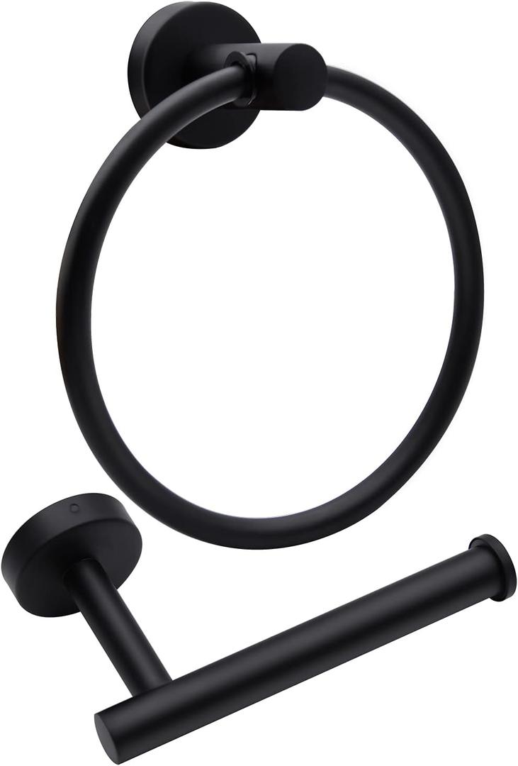 2pcs Matte Black Toilet Paper Holder and Towel Ring Set, Stainless Steel Hand Towel Holder and Towel Hanger with Hardware Pack