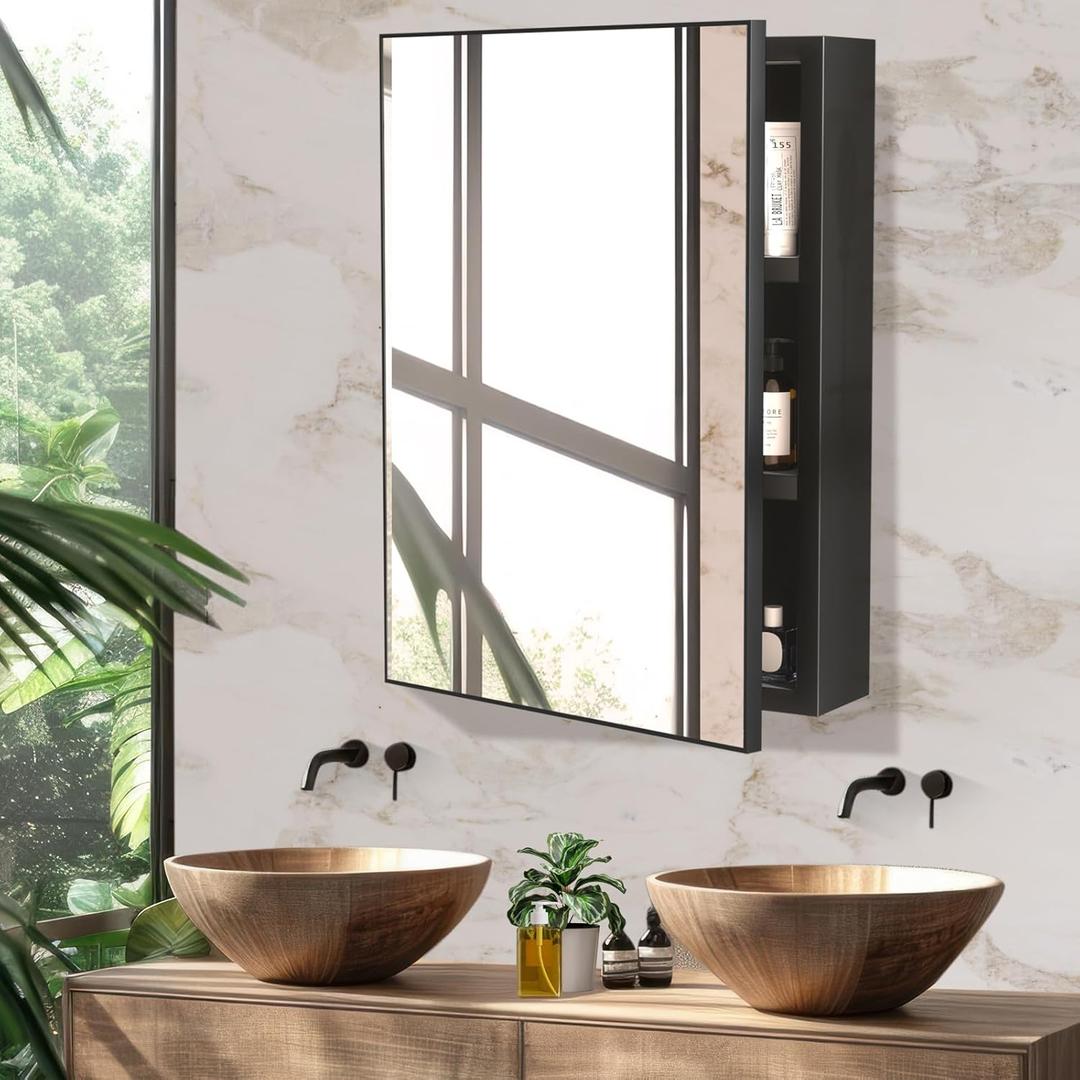 JBLCC Medicine Cabinet with Mirror, 16''x22'' Aluminum Bathroom Mirror with Storage Pre-Assembled, Wall Mounted or Recessed Medicine Cabinet, Black