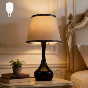 17" Touch Table Lamp for Bedroom3-Way Dimmable Bedside Lamps for Nightstand, Black Small Lamp with Linen Shade for Bedroom, Living Room, Kids Room, Office (9W LED Bulb Included)