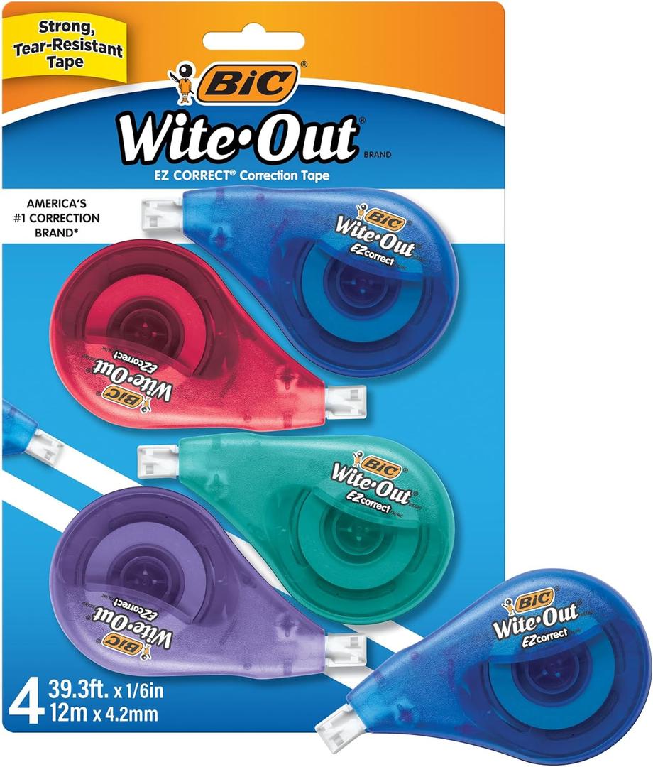 BIC Wite-Out Brand EZ Correct Correction Tape, 19.8 Feet, 4-Count Pack of White Correction Tape, Fast, Clean and Easy to Use Tear-Resistant Tape Office or School Supplies
