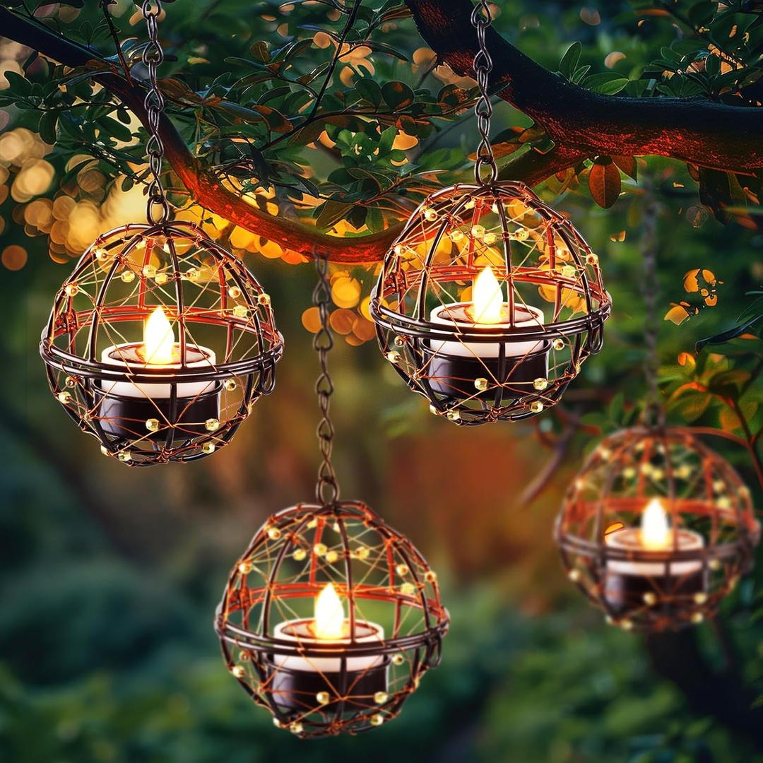Homemory Solar Tea Lights Outdoor Waterproof Hanging Lanterns, Beaded Copper Wire Ball Holders with Solar Powered Tea Lights Candles, Ideal for Patio, Garden, Backyard, Pergola, Tree, Fence, 4-Pack