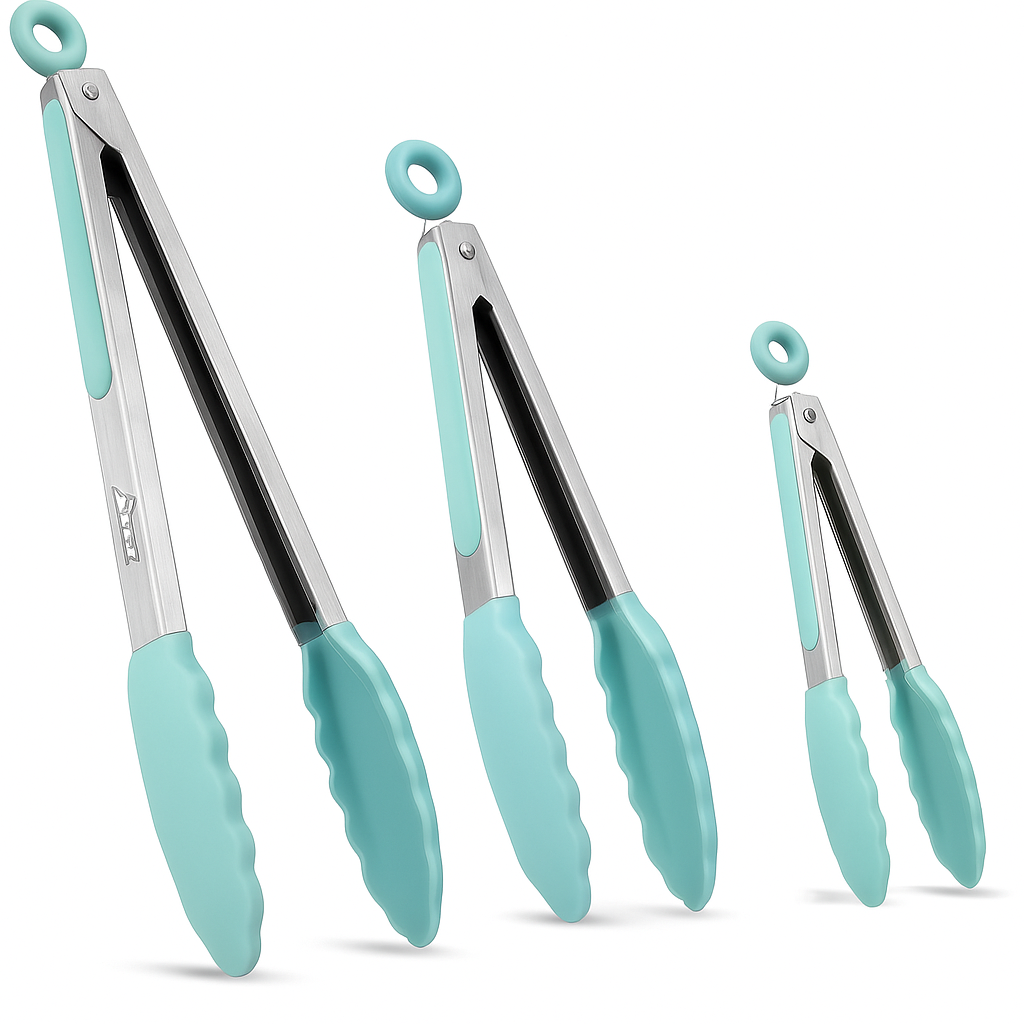 HOTEC Premium Stainless Steel Locking Kitchen Tongs with Silicon Tips, Set of 3