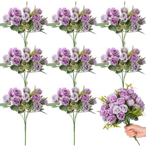 Zeyune 8 Pack 12 Inch Mini Purple and Lilac Artificial Roses Flower Bouquet 80 Head Silk Roses Flowers with Long Stem for Wedding Bridal Shower Birthday Party Decoration Table Centerpieces