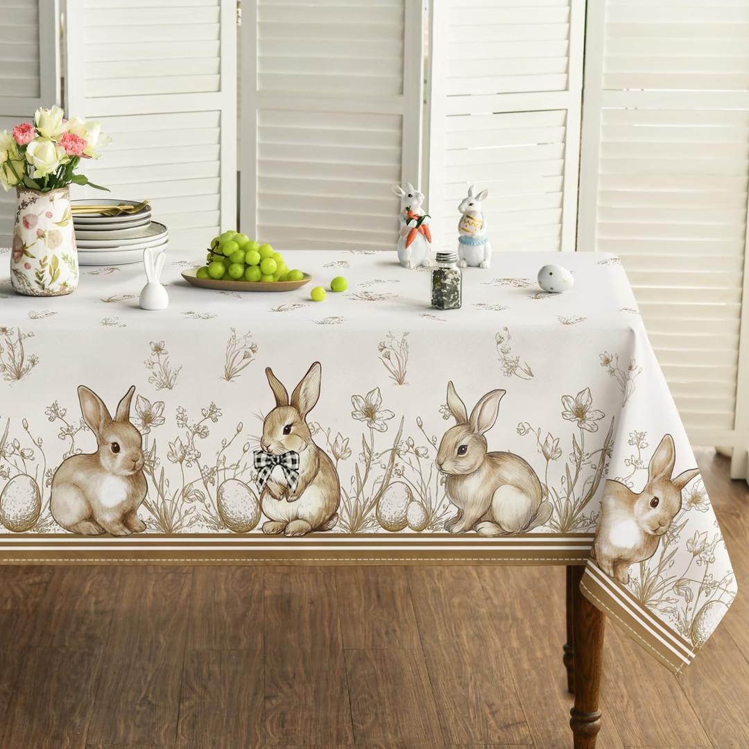Horaldaily Easter Tablecloth 60104 Inch Rectangular, Bunny Rabbits Carrot Easter Egg Anemone Stripes Bowknot BrownWashable Seasonal Table Cover for Party Picnic Dinner Decor