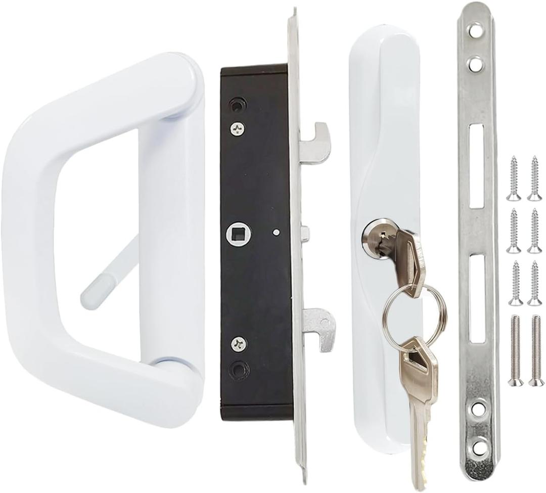 Sliding Patio Door Handle with Mortise Lock and keys, Key Cylinder and Keeper, 4-15/16" Hole Spacing, Reversible Design(Non-Handed), 4 15/16 Glass Door Replacement Handle Lock, Need to Drill (White)