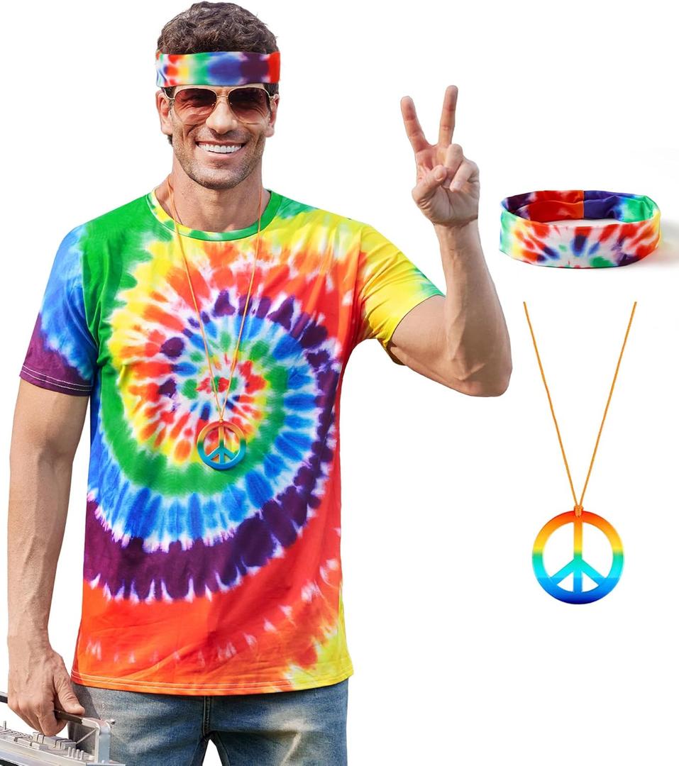 Mainfini Mens 60s 70s Outfits Hippie Costume Retro Colorful Themed Party Shirt (S-3XL) (Multicolor - Rainbow)