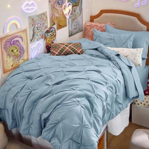 Bedsure Twin XL Comforter Set - Extra Long 5 Pieces Dorm Bedding Sets, GentleSoft Pinch Pleat Light Blue Bed in a Bag with Pintuck Comforter, Sheets, Pillowcase & Sham
