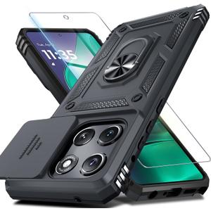Janmitta Compatible with Moto G Stylus 5G 2025 Case Built in Slide Camera Lens Cover+Screen Protector+Finger Ring Holder Kickstand, Heavy Duty Shockproof Full Body Protective Phone Cover, Black
