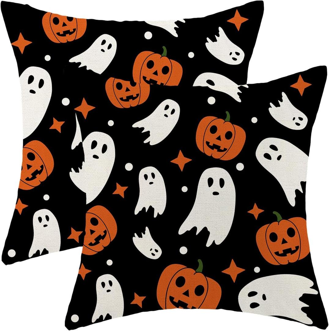 Halloween Pillow Covers 18x18 Pack of 2 Black Orange Ghost Pumpkin Throw Pillow Covers Outdoor Decoration,Autumn Halloween Holiday Ghost Pillowcase Linen Decorative Cushion Case for Couch Sofa