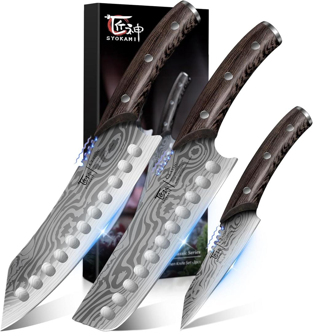 Kitchen Knife Set, 3-Piece Japanese Style Chef Knives Set (8.2" Kiritsuke, 7.2" Nakiri, 4" Paring) for Precision Cutting, Damascus Pattern, Ergonomic Full Tang Wooden Handle, Cooking Gifts